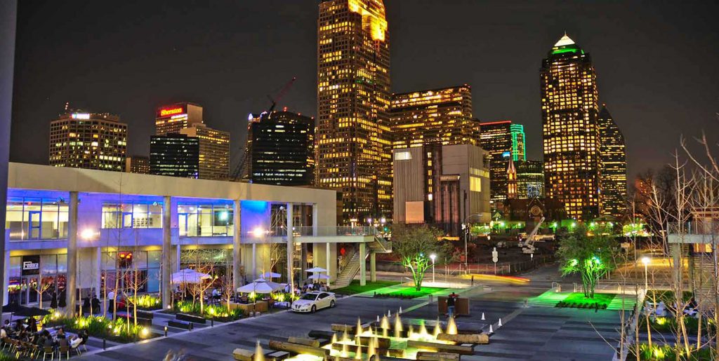 View of buildings in Dallas at night.