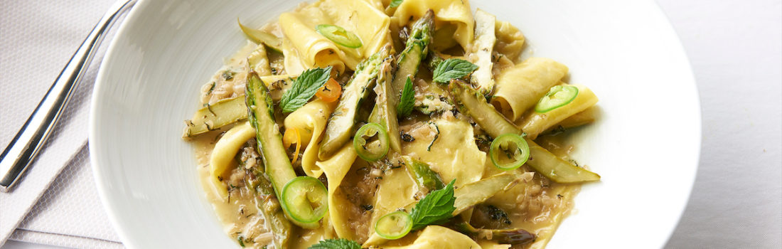 Pappardelle Pasta with asparagus, mint, and serrano peppers.
