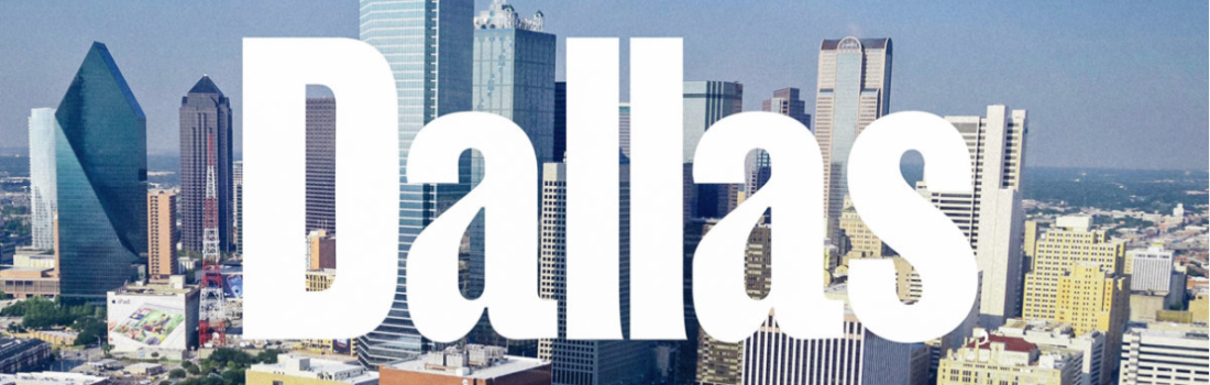 View of downtown Dallas with "Dallas Texas, USA in text.
