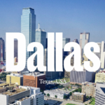 View of downtown Dallas with "Dallas Texas, USA in text.